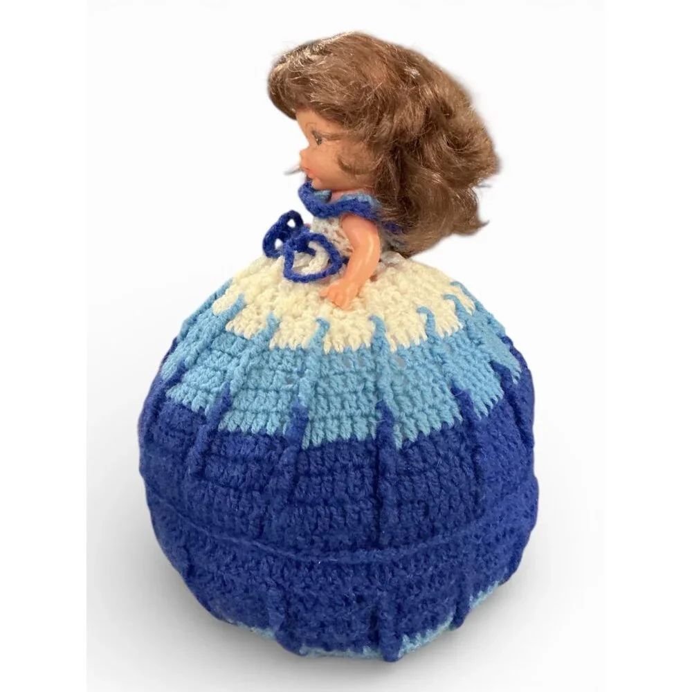 Vintage‎ Crochet Skirt Doll Blue & White Handmade 10
